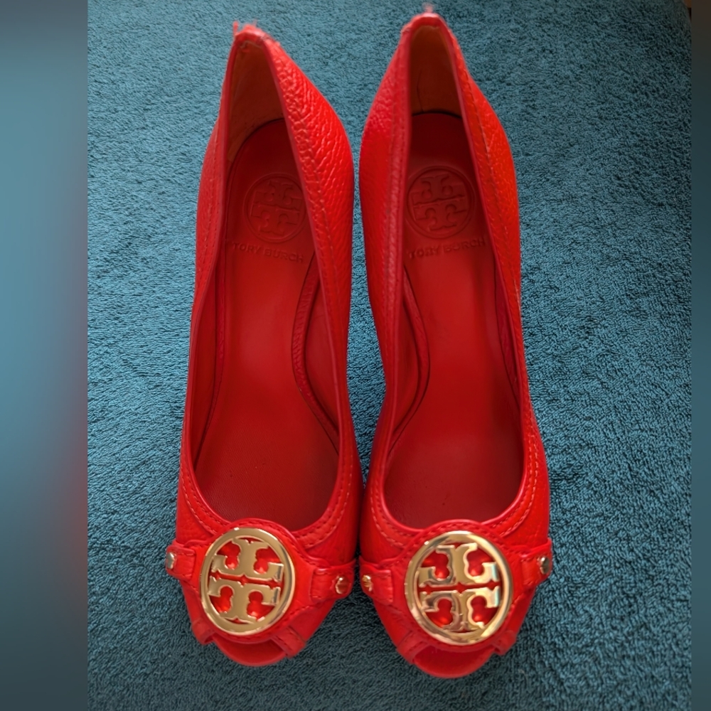 Tory Burch Orange Red Wedge with Gold Accents